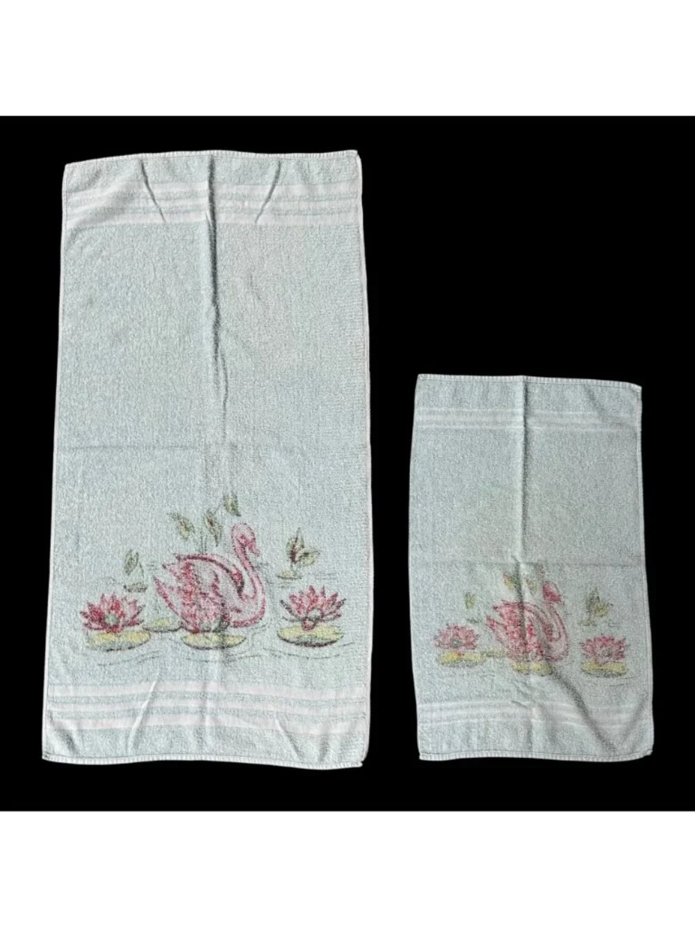 Vintage Bath Hand Towel Set Pink Swan Lily Pads 1950s Retro Bathroom Decor